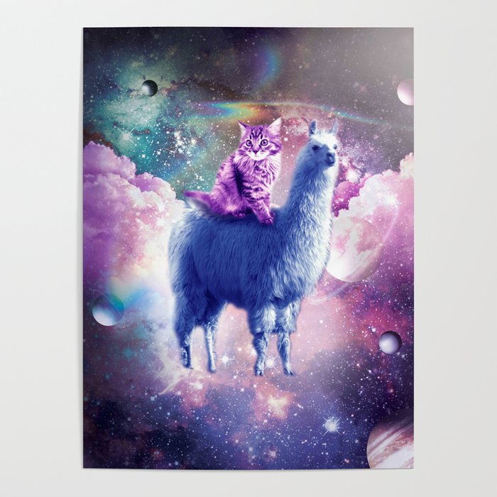 Outer Space Galaxy Kitty Cat Riding On Llama Poster