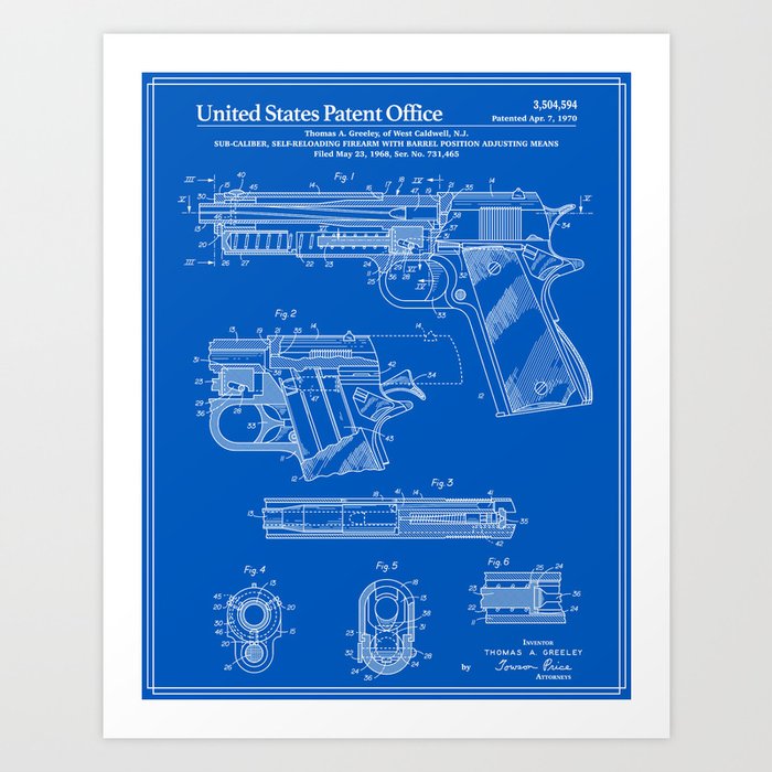 Colt 1911 Handgun Patent - Blueprint Art Print