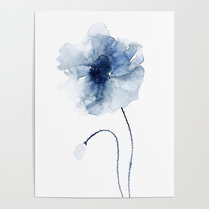 Blue Watercolor Poppies #2 Poster
