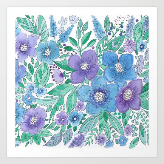 Watercolor . Blue Bouquet. Art Print
