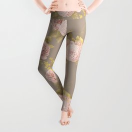 GOLD ROSE AND BLUSH PINK BACKGROUND WITH FLOWER BOUQUETS AND VINTAGE BEE PATTERNS HONEY BEE QUEEN BEE PRINCESS Leggings