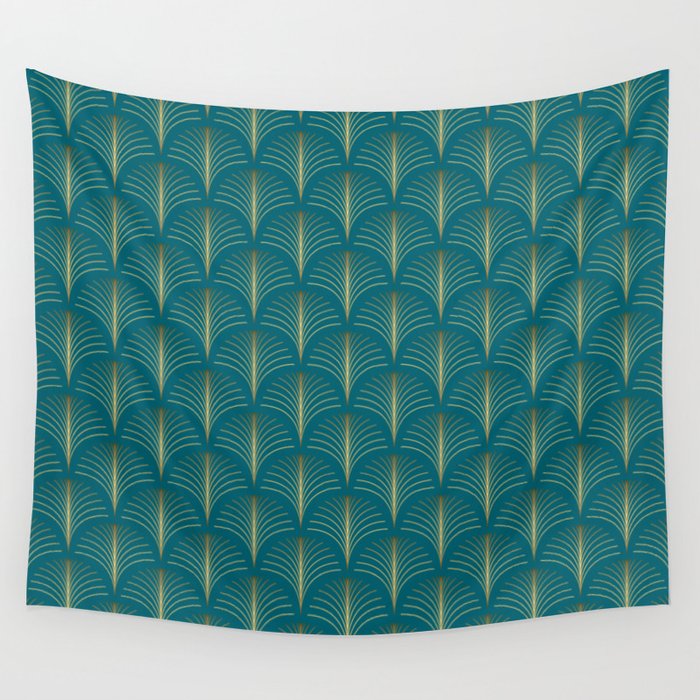 Art Deco Gold Fans on Turquoise Wall Tapestry