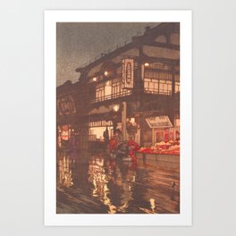 Hiroshi Yoshida, Kagurazaka Street In Rain - Vintage Japanese Woodblock Print Art Art Print