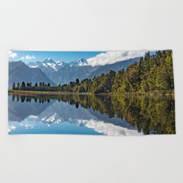 New Zealand Photography - Forest And Mountain Reflected In The Water Beach Towel