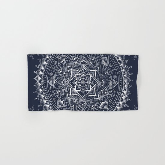 White Flower Mandala on Dark Blue Hand & Bath Towel