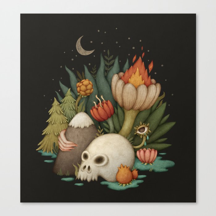 Dark Illustration With Skull Flowers Forest Night Sky Canvas Print By Olgasvart