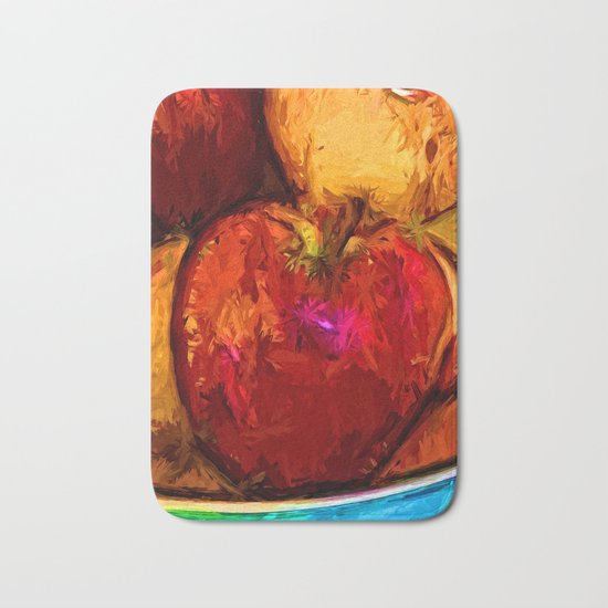Red Apple and Gold Apples in a Blue Bowl Bath Mat