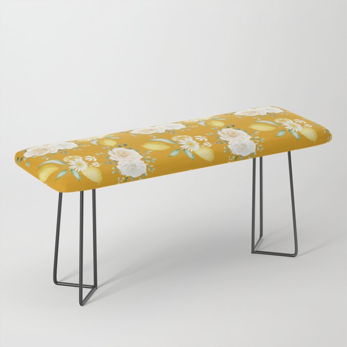 Lemons and White Flowers Pattern On Mustard Background Bench