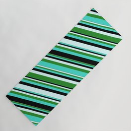 [ Thumbnail: Turquoise, Black, Light Cyan, and Forest Green Colored Stripes Pattern Yoga Mat ]
