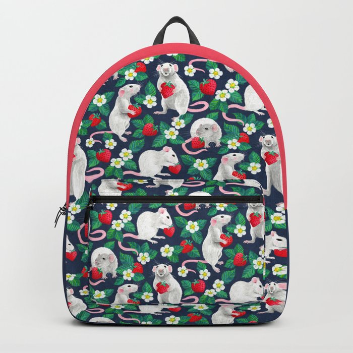 Rats Love Strawberries on navy blue Backpack