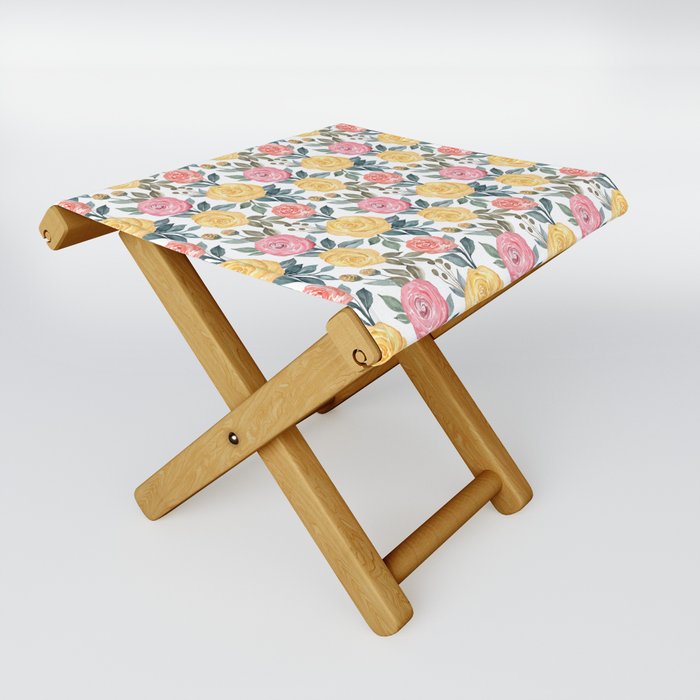 Pink and yellow watercolor flowers Folding Stool