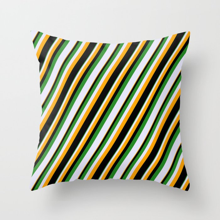 Forest Green, Lavender, Orange & Black Colored Striped Pattern Throw Pillow