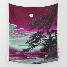 Pink Sunrise Spring Moon at Ninomiya Beach by Hasui Kawase portrait painting art print Wall Tapestry