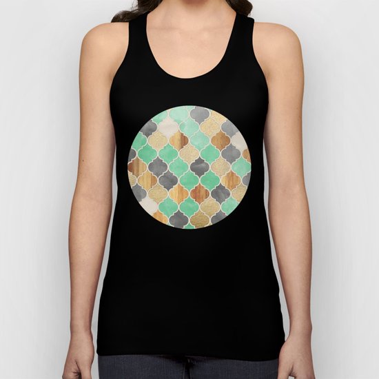 Charcoal, Mint, Wood & Gold Moroccan Pattern Unisex Tank Top