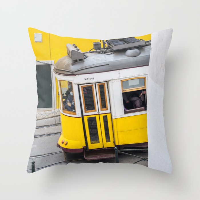 Lisbon Yellow Tram - Fine Art Travel Photography - Vibrant Portugal Throw Pillow