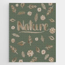 Watercolor Brush Lettering Nature, Leaves and Flowers in Brown Sepia and Olive Green Jigsaw Puzzle