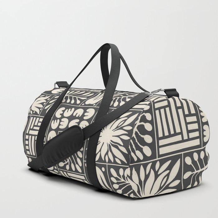 Stylized Floral Patchwork in Off White and Spade Black | Hand Drawn Pattern Duffle Bag