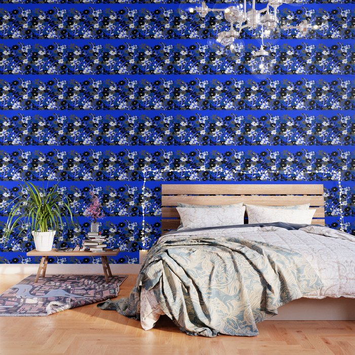 Sunflower Trellis Blue Black Gray And White Toile Wallpaper By