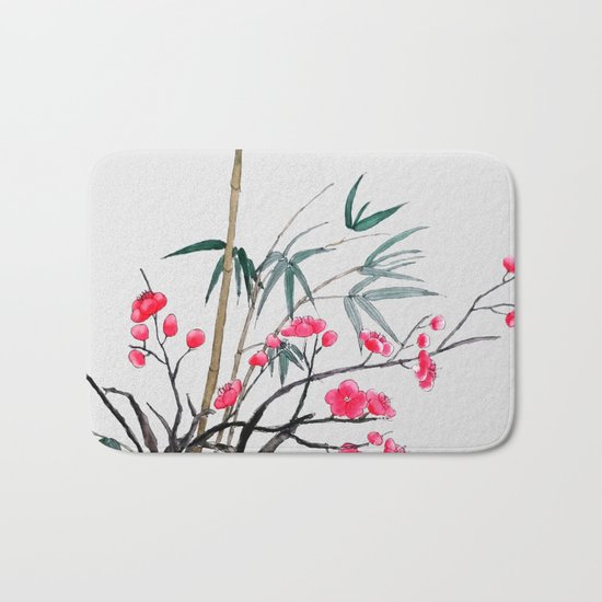 bamboo and red plum flowers Bath Mat