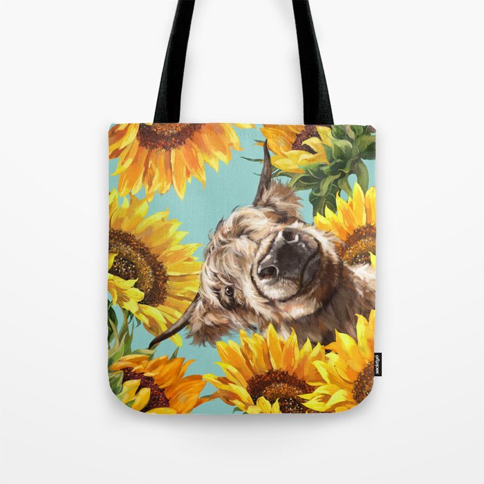 Highland Cow with Sunflowers in Blue Tote Bag
