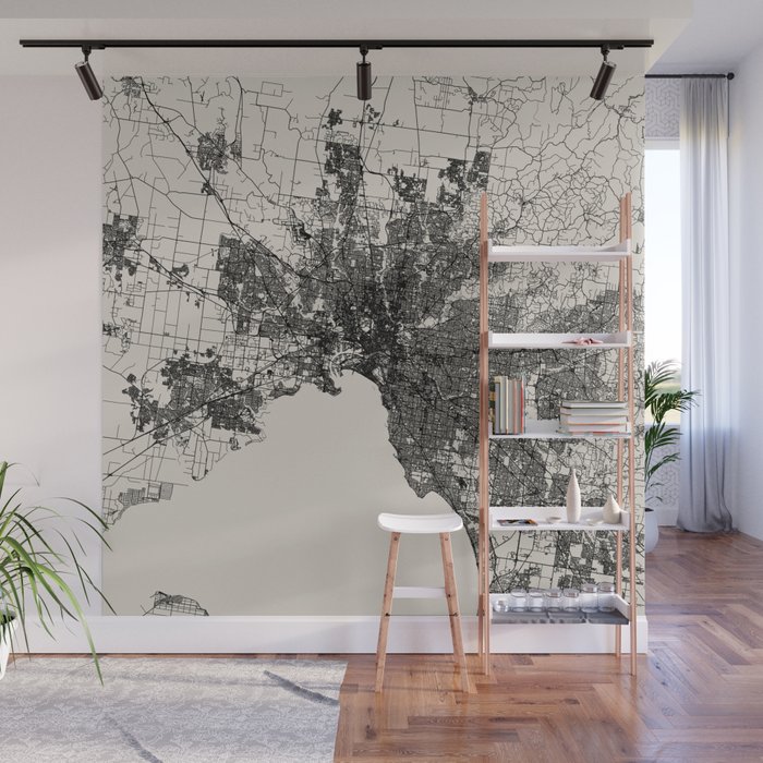 Australia, Melbourne - Black and White Illustrated Map Wall Mural