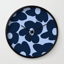 Large Dark Blue Retro Flowers Baby Blue Background #decor #society6 #buyart Wall Clock