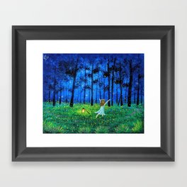 Fireflies in forest and a little girl Framed Art Print