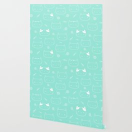 Seafoam and White Doodle Kitten Faces Pattern Wallpaper