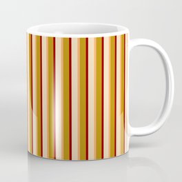 [ Thumbnail: Tan, Dark Red, Dark Goldenrod, and Brown Colored Lines/Stripes Pattern Coffee Mug ]