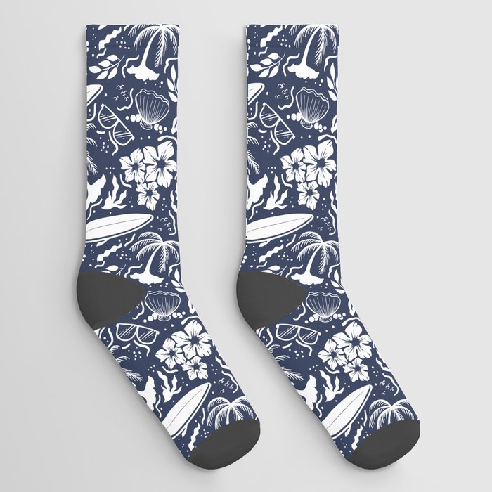 Navy Blue and White Surfing Summer Beach Objects Seamless Pattern Socks