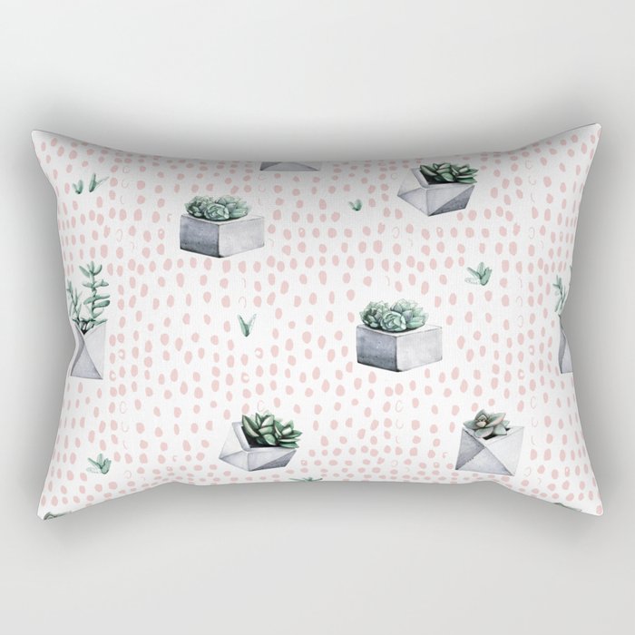Potted Succulents Pink Polka Dots Rectangular Pillow