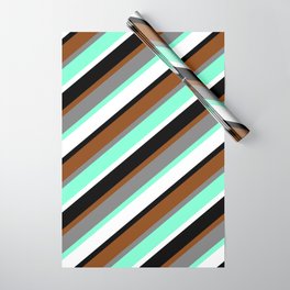 [ Thumbnail: Eyecatching Brown, Grey, Aquamarine, White & Black Colored Pattern of Stripes Wrapping Paper ]