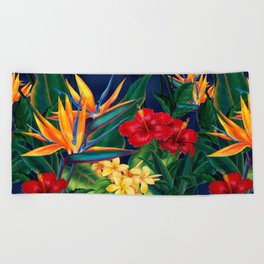 Tropical Paradise Hawaiian Floral Illustration Beach Towel