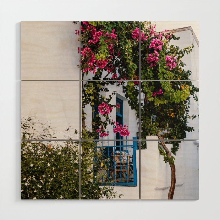 Traditional Greek Street Scenery | Blue Door and Pink Flowers | Island Life | Travel Photography in Europe Wood Wall Art