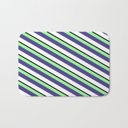 [ Thumbnail: Green, Dark Slate Blue, White & Black Colored Striped Pattern Bath Mat ]