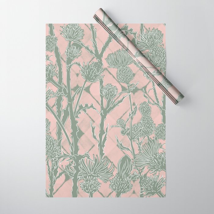 Blush and Sage Green Thistle Flowers Wrapping Paper by Carolinadiazb