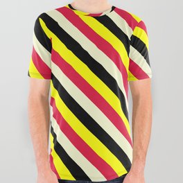 [ Thumbnail: Yellow, Crimson, Light Yellow & Black Colored Stripes/Lines Pattern All Over Graphic Tee ]