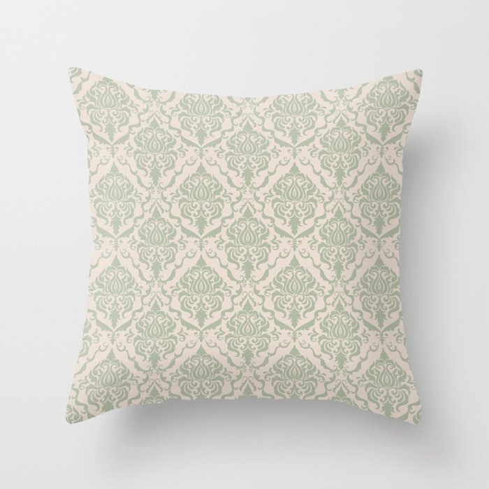 Ivory and Sage Green Damask Pattern Throw Pillow