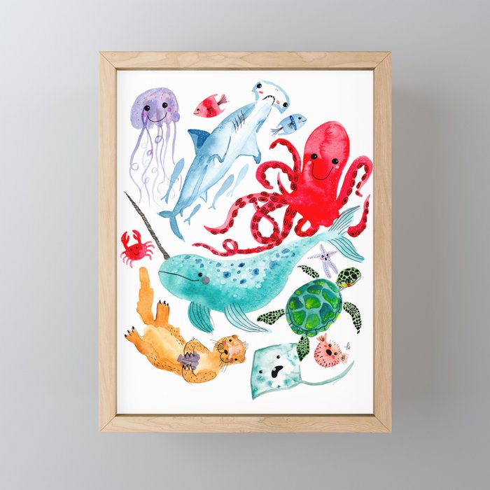 Ocean Creatures - Sea Animals Characters - Watercolor Framed Mini Art Print