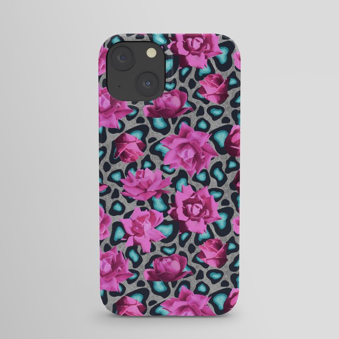 Snow Leopard Teal Pink Roses iPhone Case