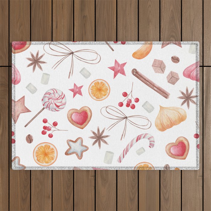 Watercolor Christmas Pattern - White Background Outdoor Rug