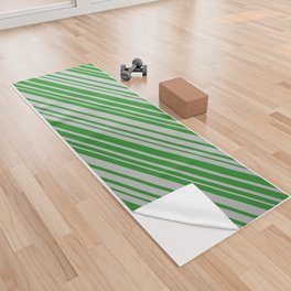 [ Thumbnail: Forest Green & Grey Colored Stripes Pattern Yoga Towel ]