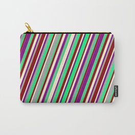 [ Thumbnail: Colorful Dark Gray, Green, Dark Red, Light Yellow, and Purple Colored Lined/Striped Pattern Carry-All Pouch ]
