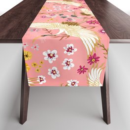 Chinoiserie cranes on pink, birds, flowers,  Table Runner