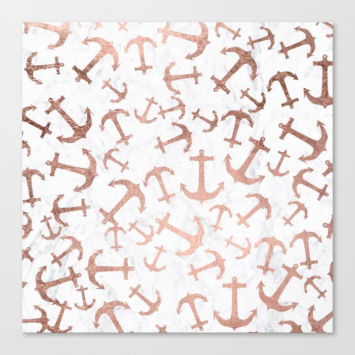 Modern faux rose gold anchors pattern white marble Canvas Print
