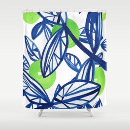 Blue and lime green abstract apple tree Shower Curtain