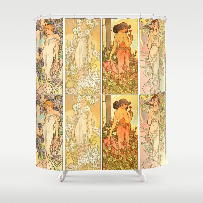Alphonse Mucha "The Flowers (series): Iris, Lily, Carnation, Rose" Shower Curtain