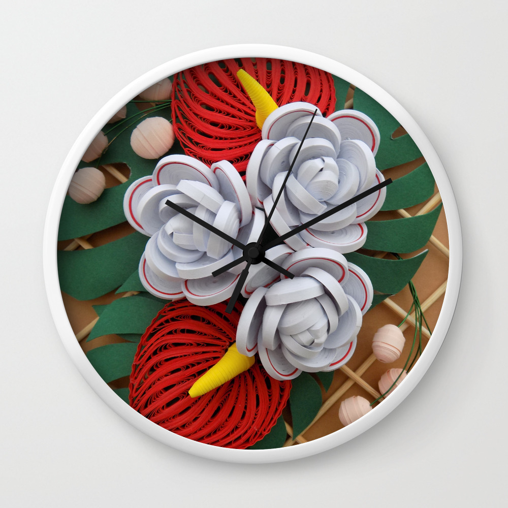 Anthurium Rose Flowers Paper Quilling Wall Clock By