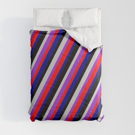 [ Thumbnail: Eye-catching Light Grey, Dark Orchid, Red, Dark Blue, and Black Colored Striped Pattern Comforter ]