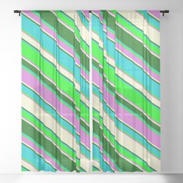 [ Thumbnail: Vibrant Dark Turquoise, Lime, Orchid, Light Yellow, and Dark Green Colored Stripes Pattern Sheer Curtain ]